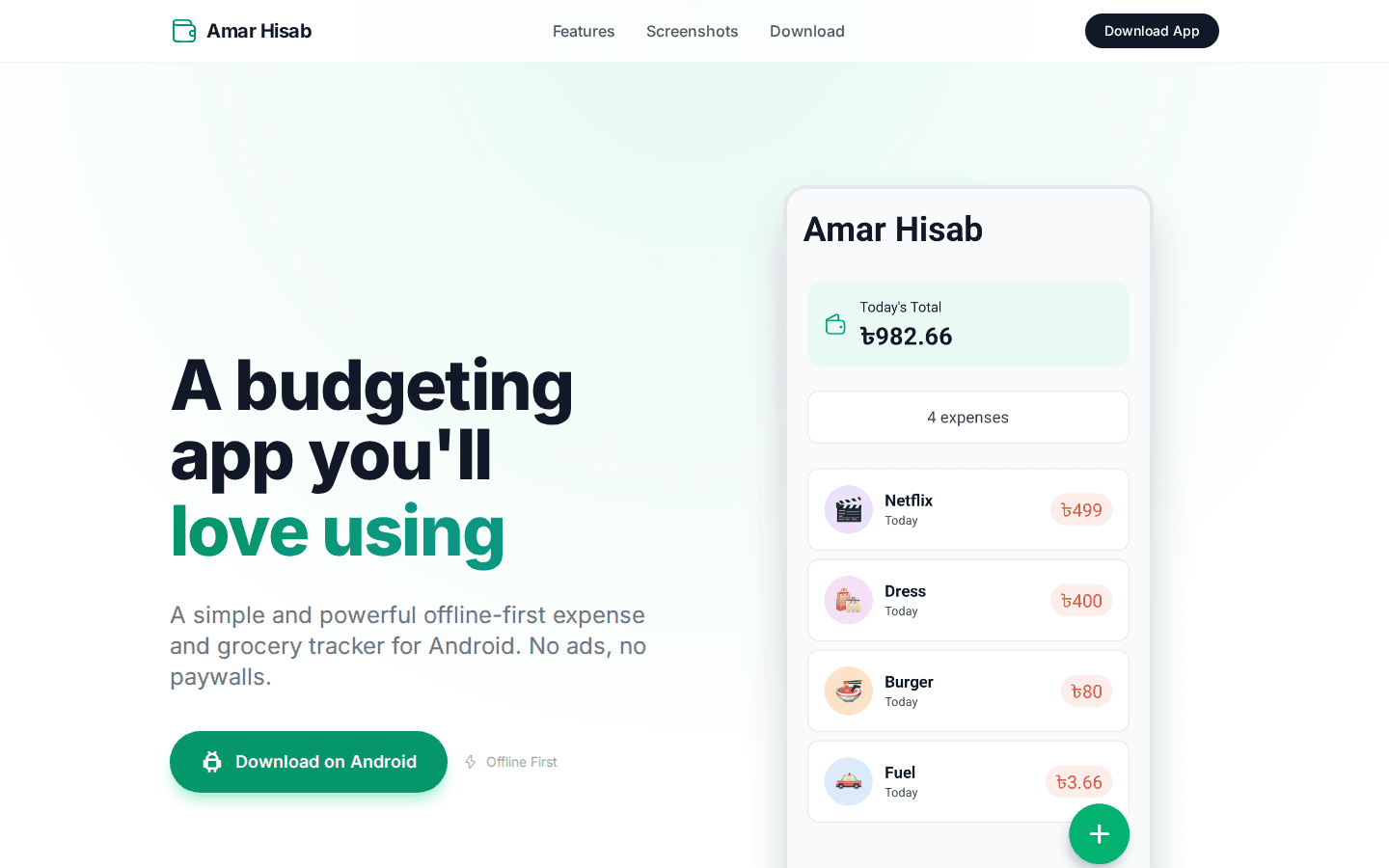 AmarHisab Android expense tracker product page
